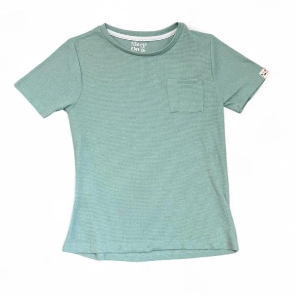 Sleep On It Boys Girls Sage Green Waffle Knit PJ Pajama T-Shirt Pocket M 8/10